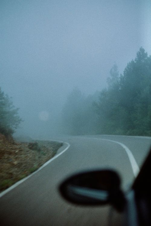 Free A foggy forest road viewed from a car, evoking a sense of mystery and adventure. Stock Photo