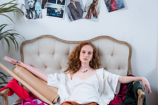 Fashion designer with a serious expression sitting on a vintage sofa, surrounded by design materials in an artistic studio.