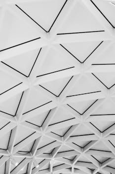 探索这个未来派几何天花板的对称性，其色调以醒目的黑白为主