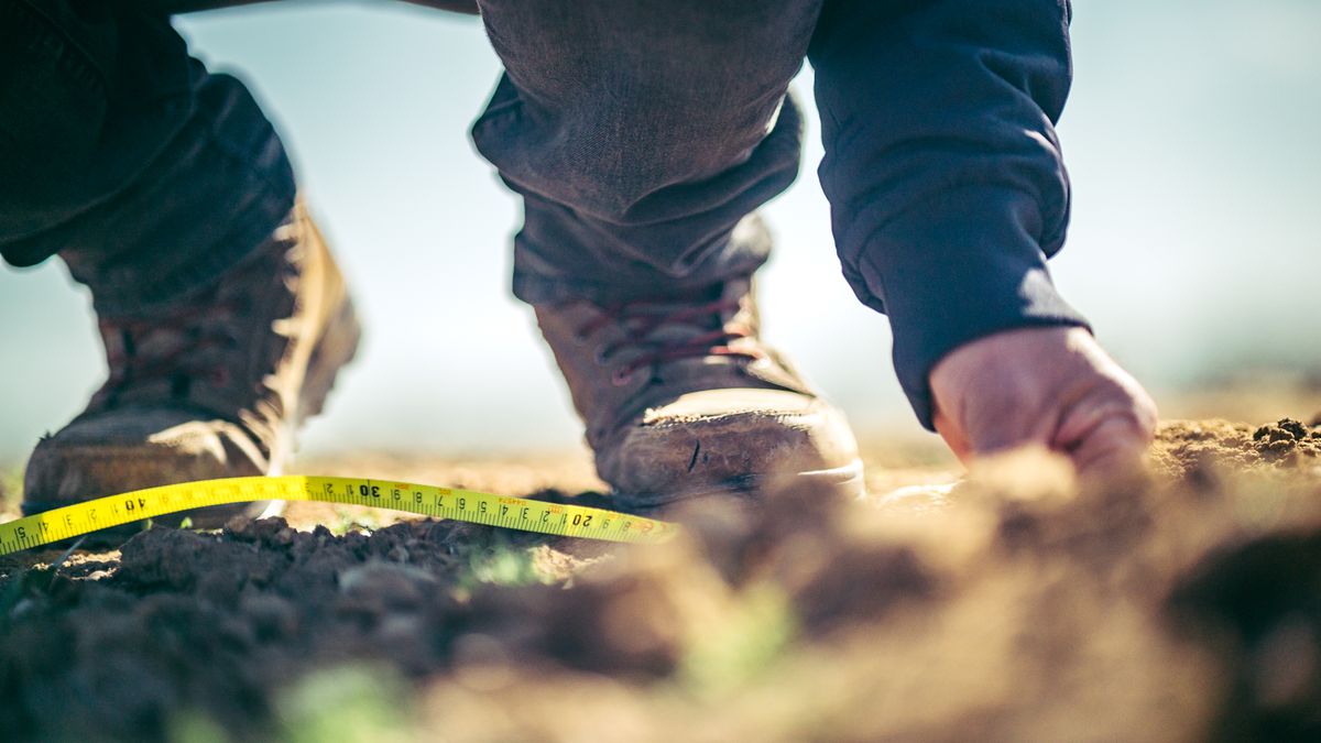 Person in boots measuring soil with a tape outdoors