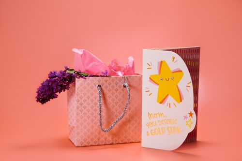 Free A Mother's Day gift bag and greeting card with purple flowers on a peach background. Stock Photo