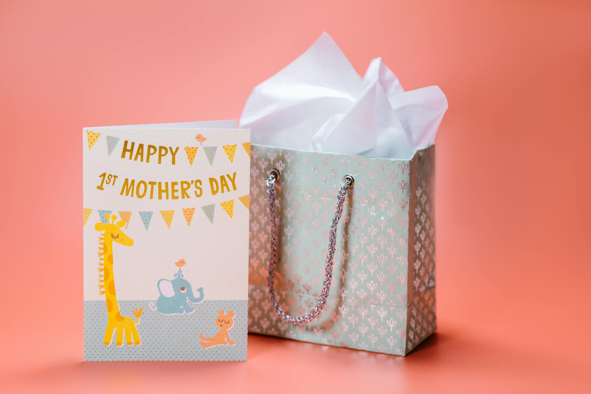 Happy Mother's Day Greeting Card Beside a Gift Bag