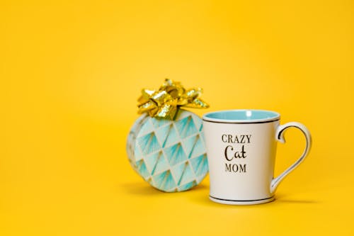 Ceramic Mug and a Gift Box on Yellow Background