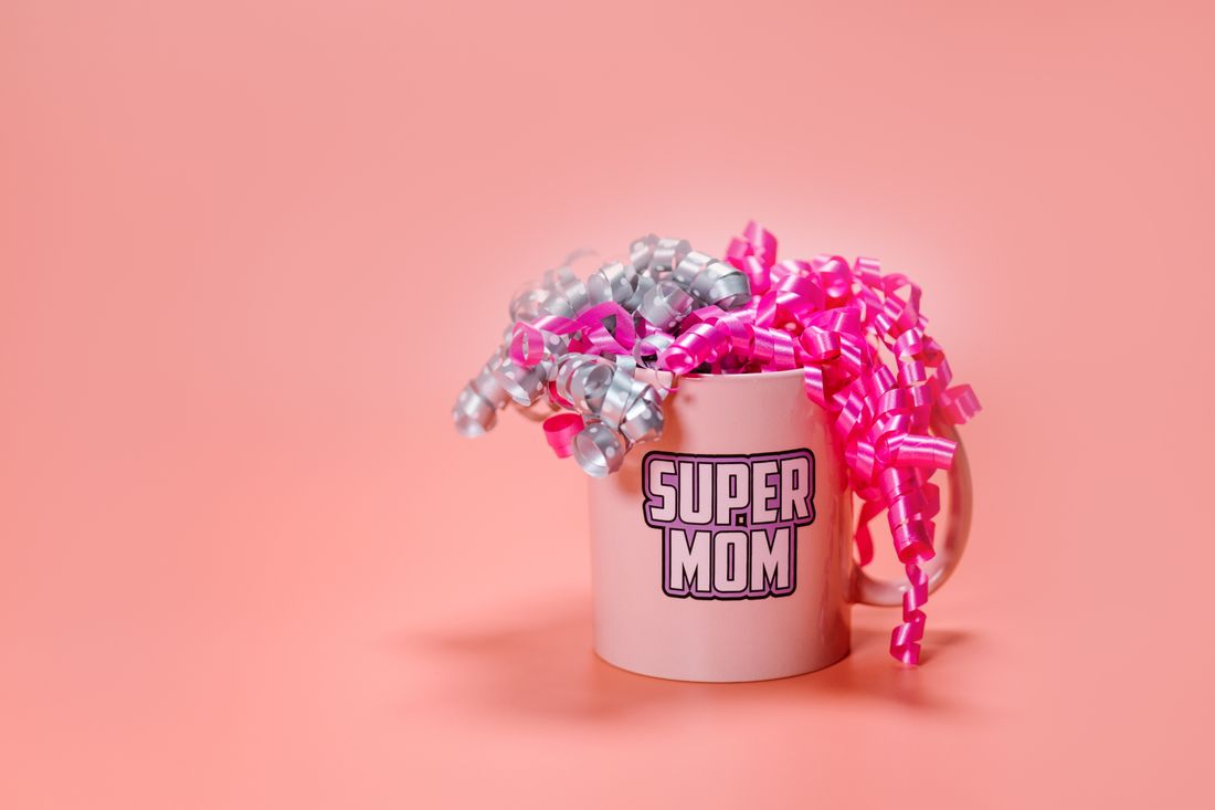 Customised gift mug wrapped with ribbon