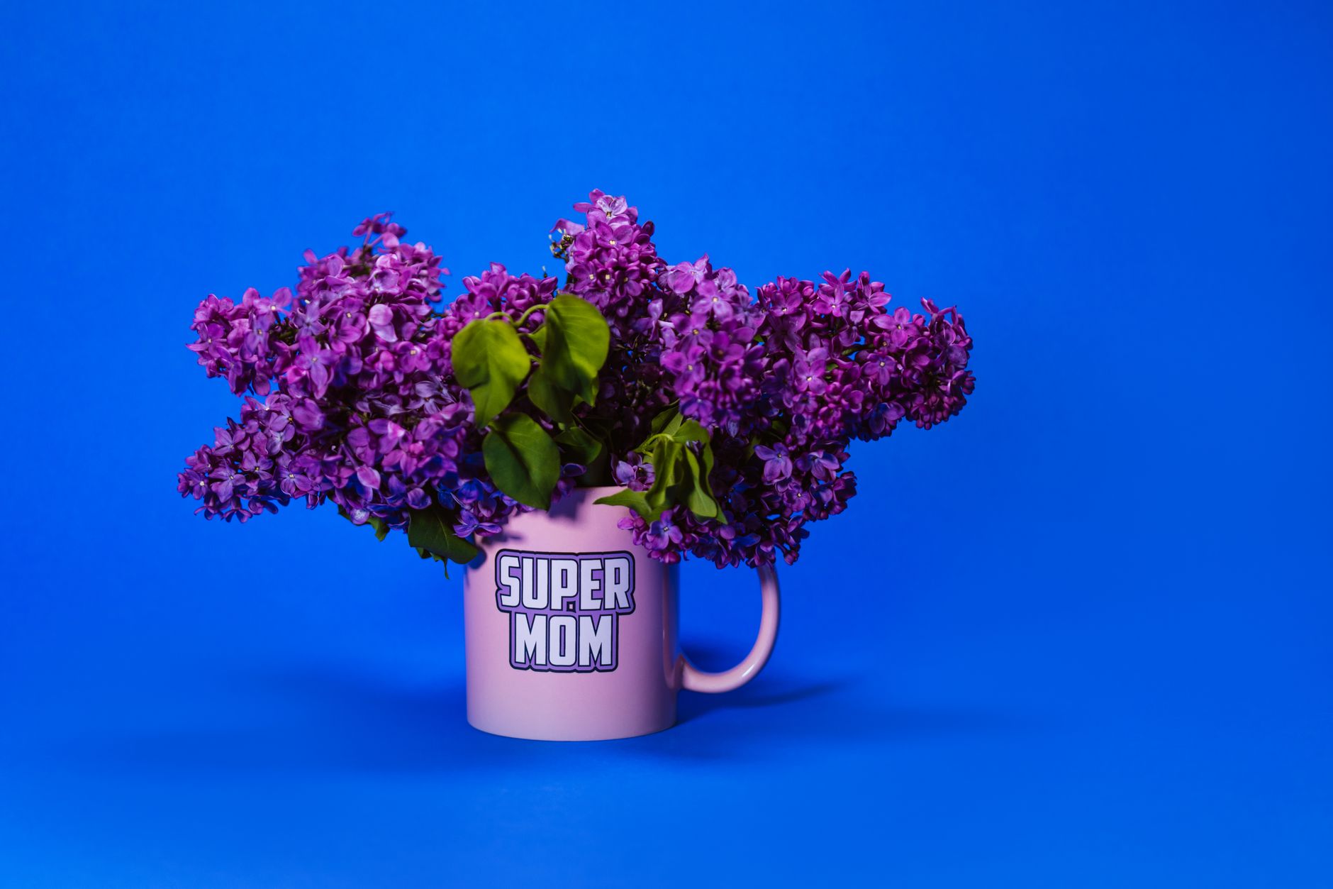 Purple lilacs in a pink Super Mom mug against a bold blue backdrop.