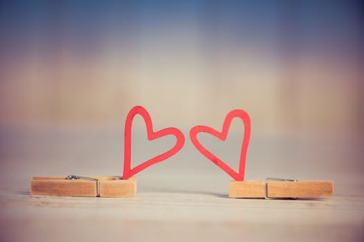 背景中，两个象征爱情与浪漫的红色心形木制衣夹显得格外突出