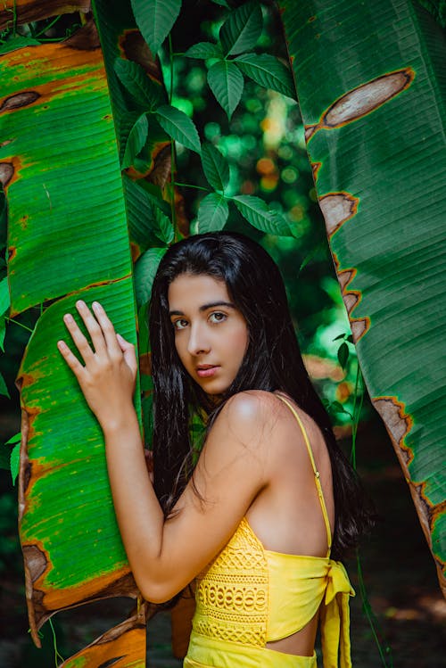 Free Woman in a Yellow Top Posing Near Banana Leaves Stock Photo