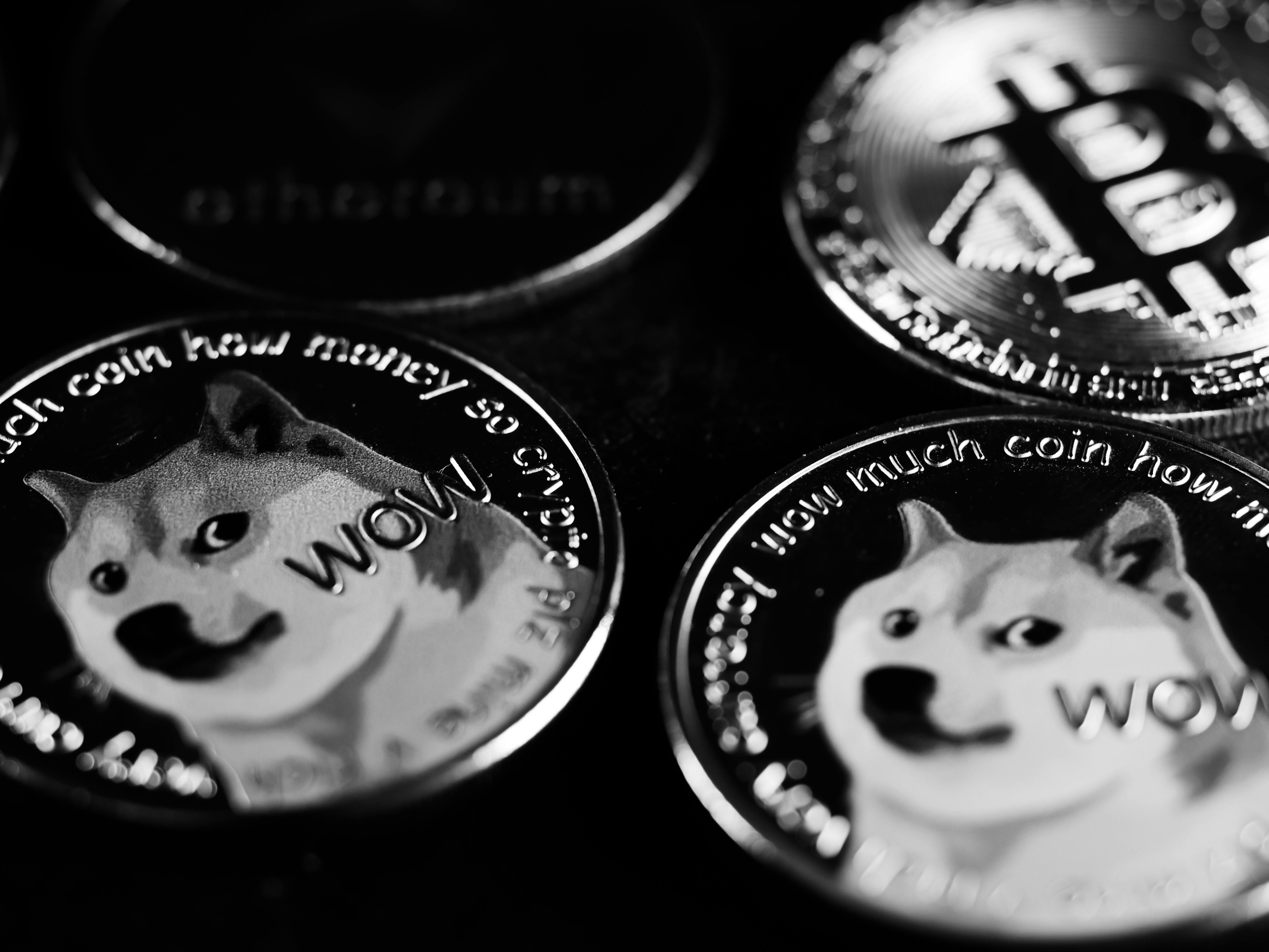 grayscale photo of crypto coins