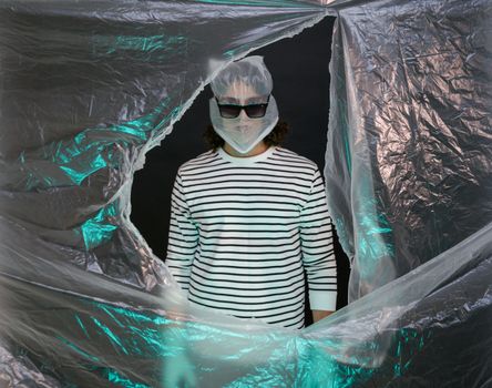 Man in Black and White Striped Crew Neck Shirt Wearing Black Sunglasses