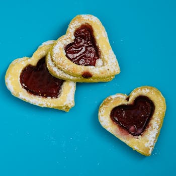 在充满活力的蓝色背景上，摆放着果酱填充的心形饼干，美味诱人