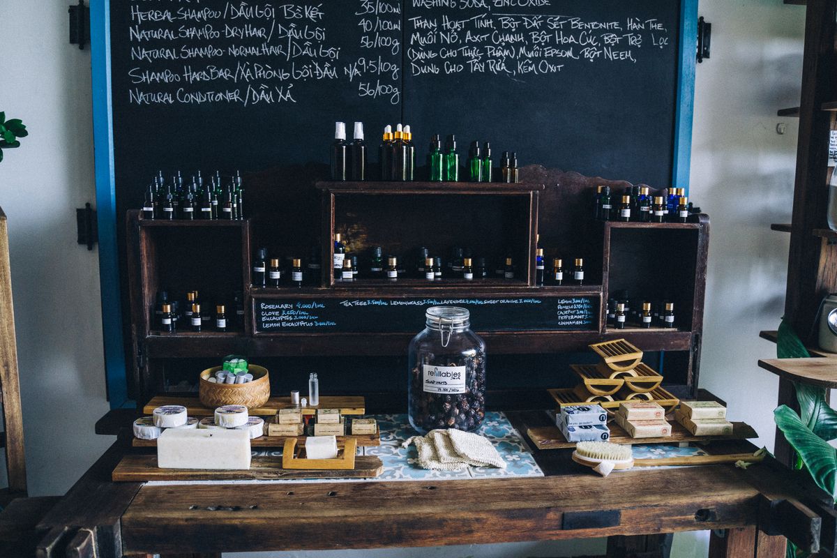 Natural wellness products displayed in an apothecary