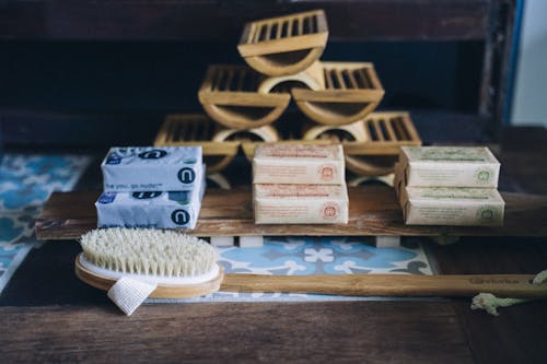 Organic Hygienic Products on Wooden Table