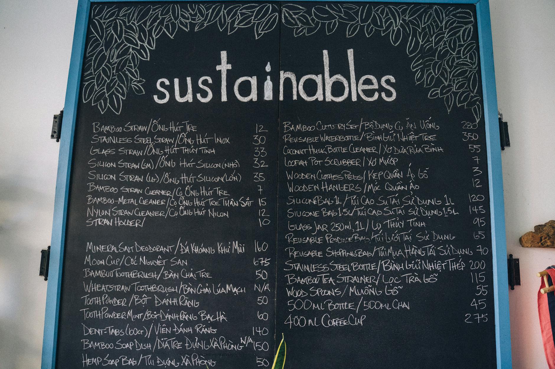 Chalkboard with eco-friendly product list in sustainable shop.