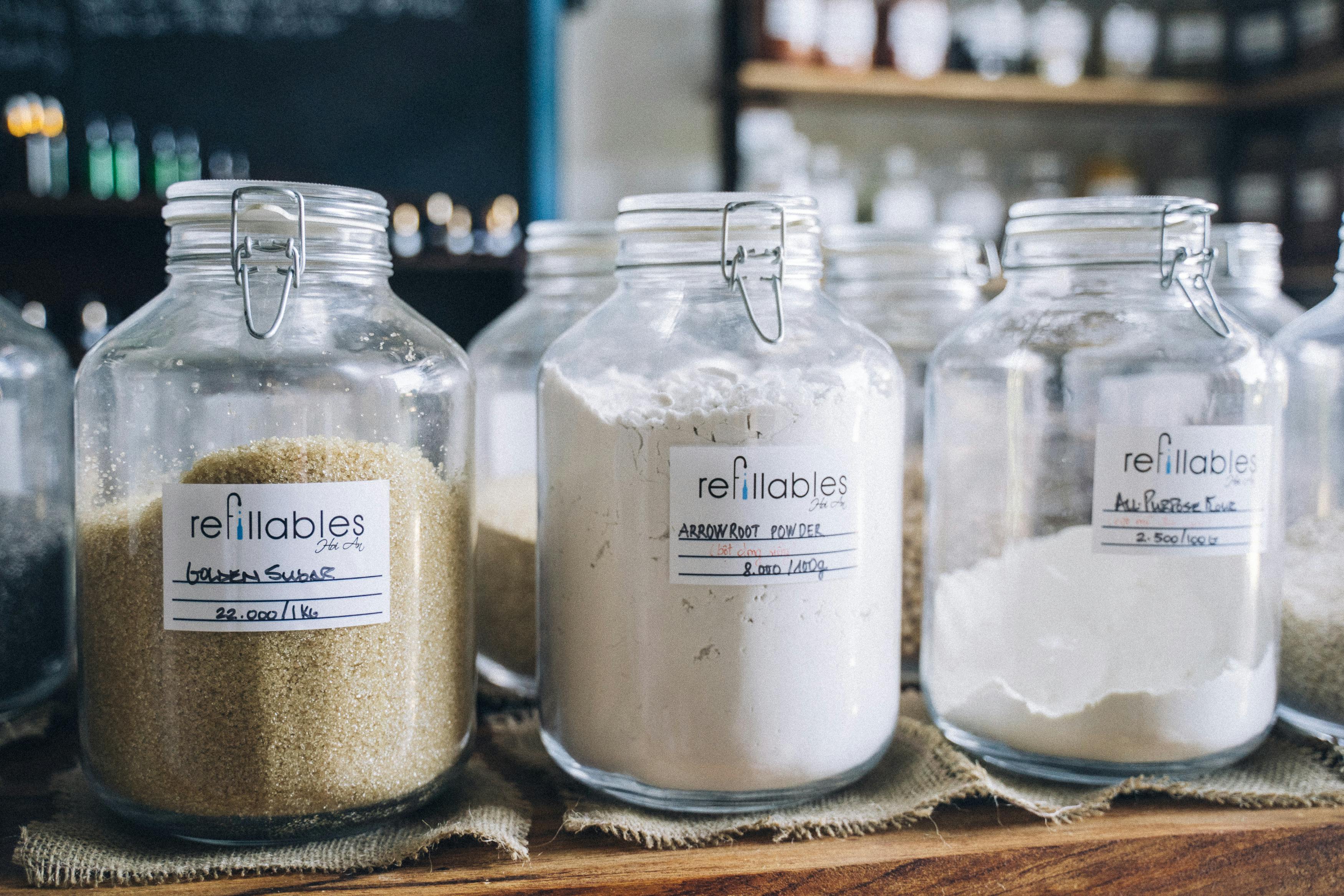 clear glass jars with powder inside