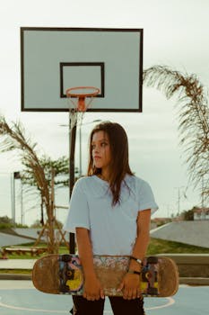 A confident woman holding a skateboard poses at an outdoor basketball court.