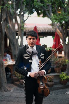 A mariachi violinist in traditional attire, outdoors at a Mexican restaurant setting.