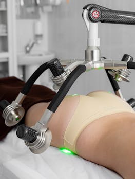Crop anonymous female patient in underwear lying on medical couch during non invasive laser body shaping treatment in modern clinic in daytime