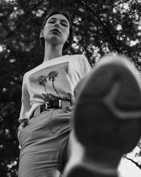 Black and white photo of a confident young woman wearing casual attire with a low angle view amidst trees.