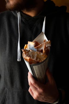 A person in a hoodie holding a cone of powdered sugar fritters, captured in a dim light.