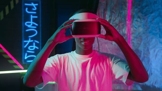 A person enjoying virtual reality surrounded by vibrant neon lights, creating a futuristic experience.