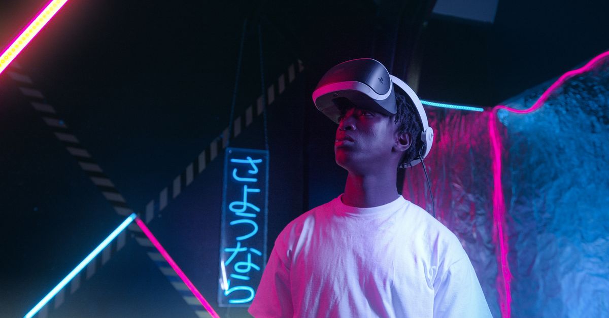concert crowd in virtual reality environment with neon lights and avatars