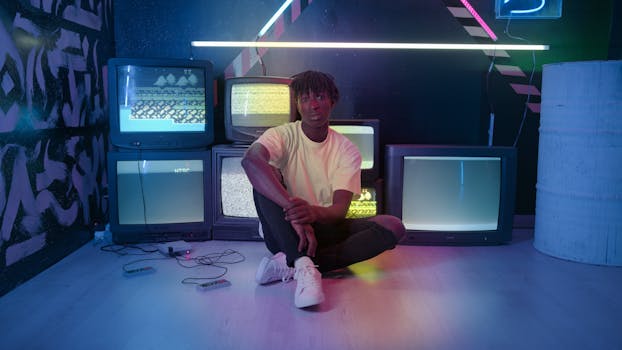 Man sitting with vintage TVs and neon lights, creating a retro gaming vibe indoors.