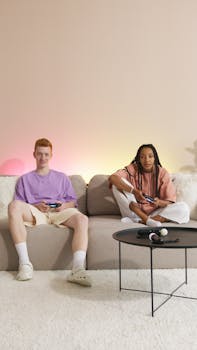 Diverse couple playing video games joyfully in modern living room.