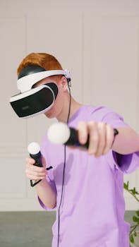 A young man enjoying an immersive virtual reality game indoors with VR headset and controllers.