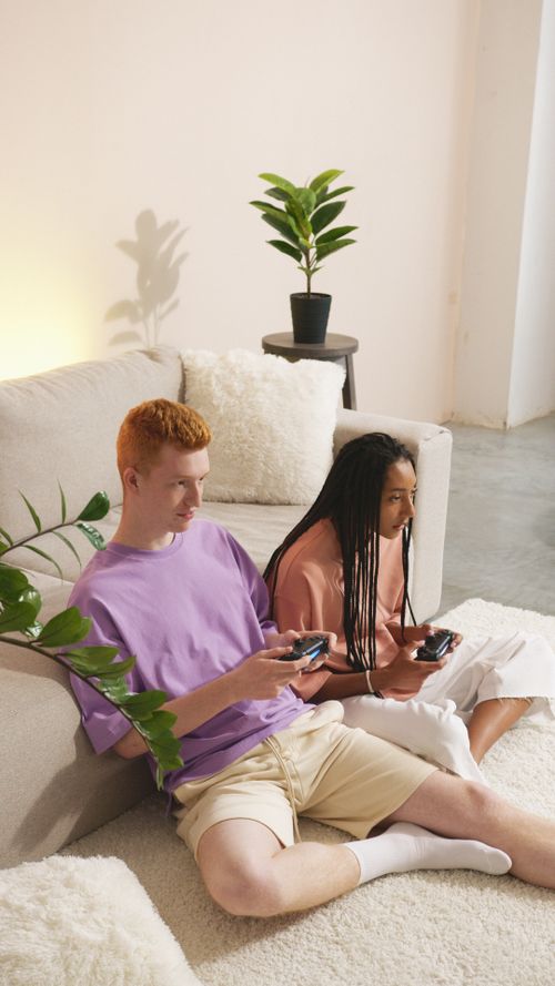 Free Two young adults enjoying video games together in a modern, cozy living room with plants. Stock Photo