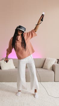 An adult woman enjoying a virtual reality game at home with a vibrant and relaxed atmosphere.