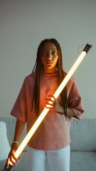 A woman holds a glowing LED light tube in a creative indoor portrait.