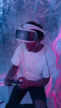 Person wearing VR headset and playing with a controller in an illuminated room.