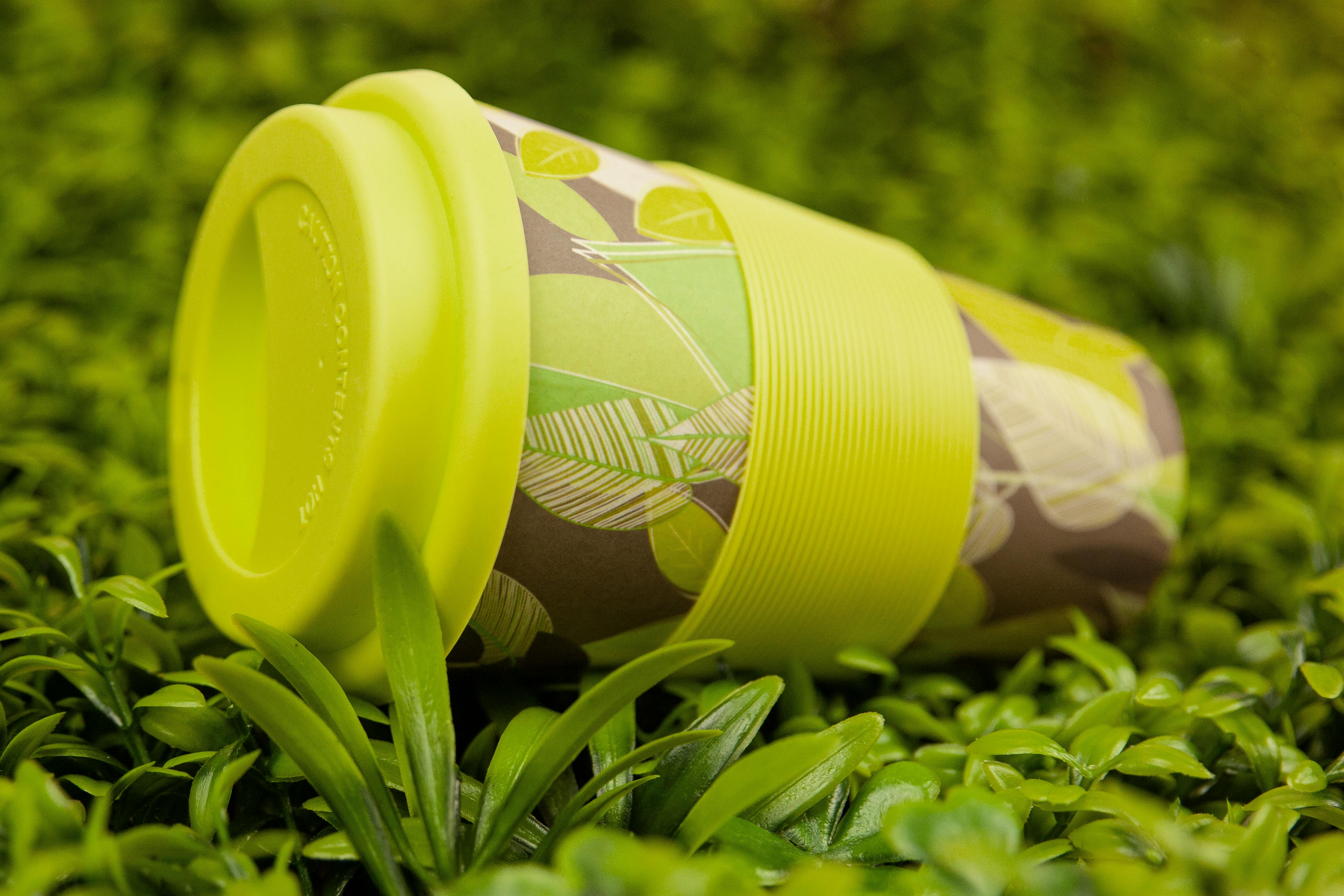 Bright green and patterned reusable cup amidst lush green leaves, showcasing sustainability.