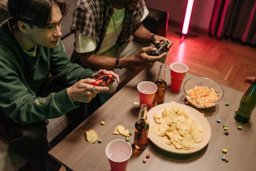 Group of friends playing video games with snacks and drinks in a cozy indoor setting.