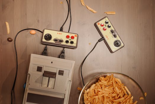 Top view of a retro gaming setup with controllers, console, and snacks on a wooden surface.