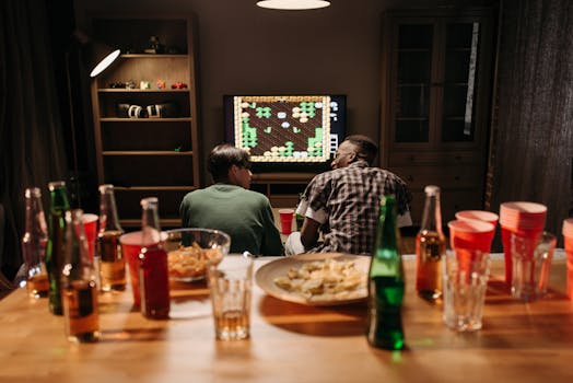 Two friends enjoy a video game night surrounded by drinks and snacks.