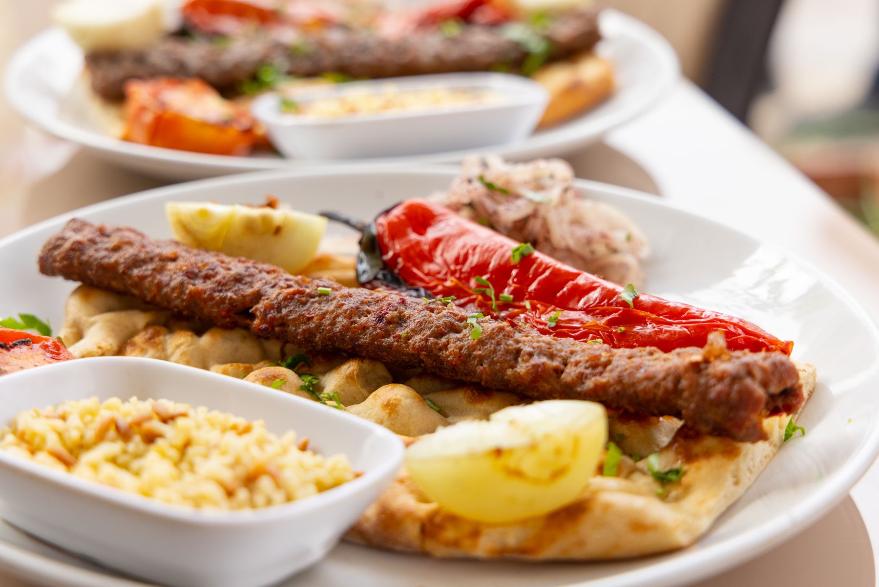 Kebab plate with rice and vegetables