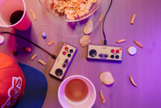 A vintage gaming setup with controllers, snacks, and a cap on a table.