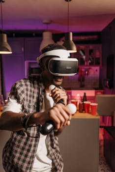 Man in VR headset playing video games in a modern home setting.