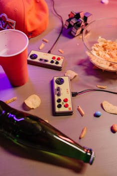 Vintage gaming scene with controllers, snacks, and gadgets creating a nostalgic atmosphere.