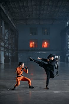 Two cosplayers engage in a martial arts battle in a dramatic indoor setting.