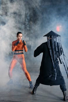 A dramatic martial arts duel featuring cosplayers in a smoky industrial-style setting.