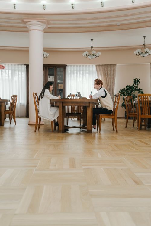 Free Two individuals engaged in online learning in a sunlit, classic library setting with wooden tables. Stock Photo