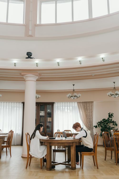 Free Two students studying together in a spacious, well-lit library with wooden furniture. Stock Photo