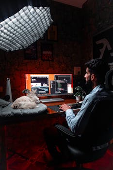 A man working at a computer in a home office with a cat nearby, using soft lighting for a cozy environment.
