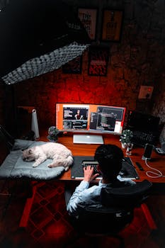 Man working on a computer at a desk with a sleeping cat and dual monitors in a dim office setting.