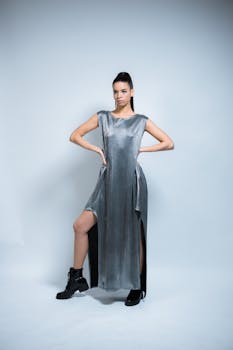 Stylish woman modeling metallic dress with hands on waist in studio setting.
