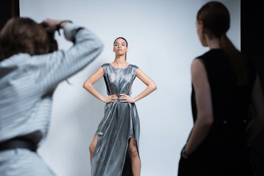 Model posing in a stylish dress during a professional studio photoshoot.
