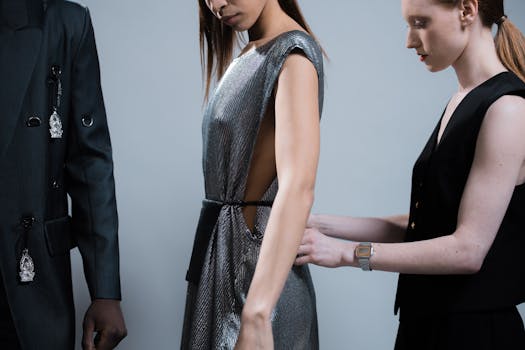 An elegant photoshoot featuring models in stylish outfits being fitted in a studio.