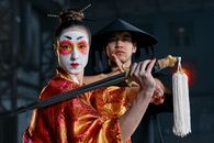 Shallow Focus of a Man and Woman in Their Game Character Costumes
